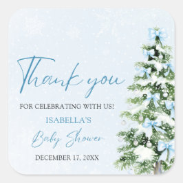 Blue Bows Christmas Tree Boy Winter Baby Shower Quadratischer Aufkleber