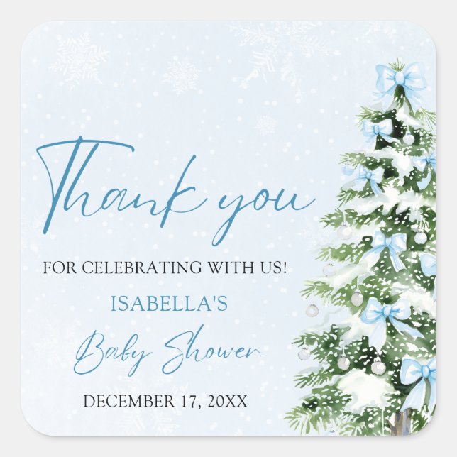 Blue Bows Christmas Tree Boy Winter Baby Shower Quadratischer Aufkleber (Vorderseite)