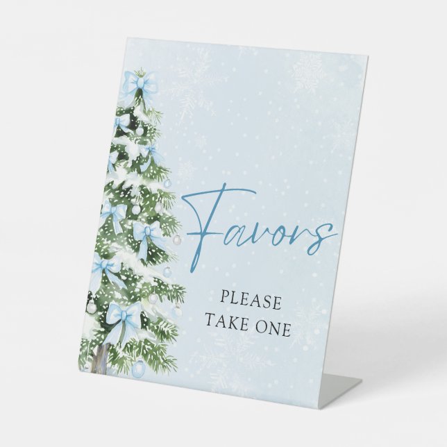 Blue Bows Christmas Tree Winter Baby Shower Favors Sockelschild (Vorderseite)