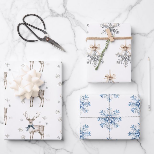 Blue Bows Deer Snowflakes Christmas Geschenkpapier Set (Vorderseite)