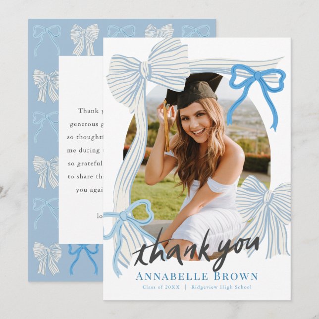 Blue Bows Photo Graduation Thank You Card Einladung (Vorne/Hinten)