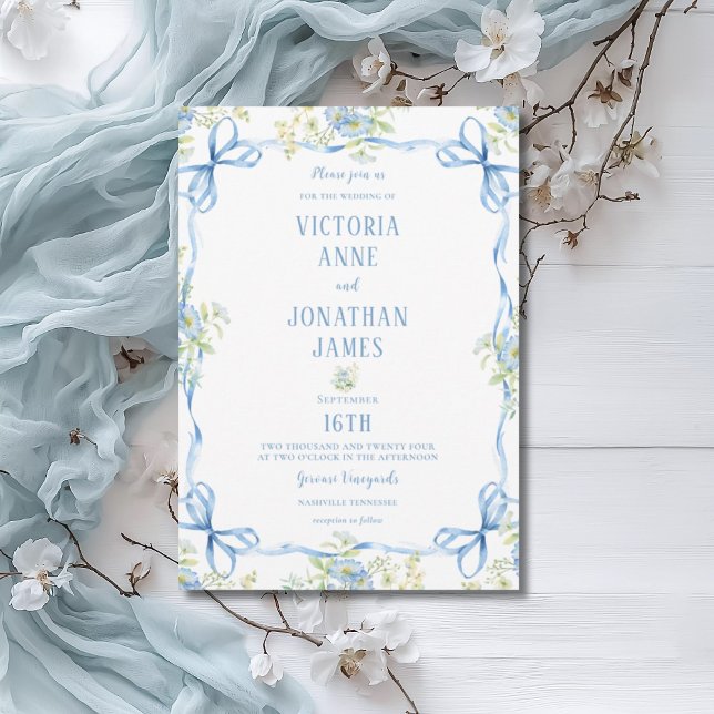 Blue Bows Ribbons & Floral Frame Wedding Einladung (Von Creator hochgeladen)