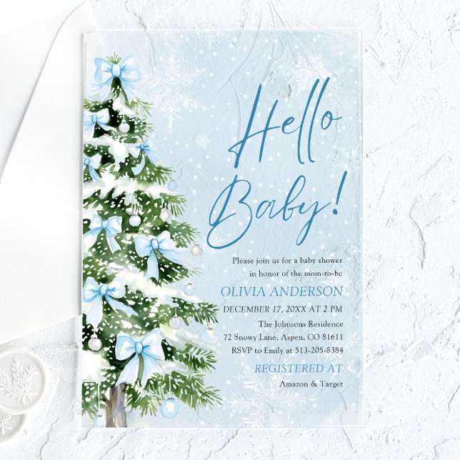 Blue Bows Weihnachtsbaum Hello Baby Shower Acryleinladungen (Blue Bows Christmas Tree Hello Baby Baby Shower Acrylic Invitations)