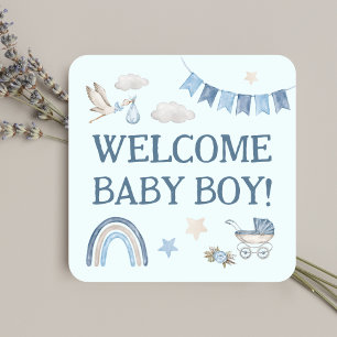 Blue Boy Baby an Bord Niedlich Storch Watercolor Quadratischer Aufkleber