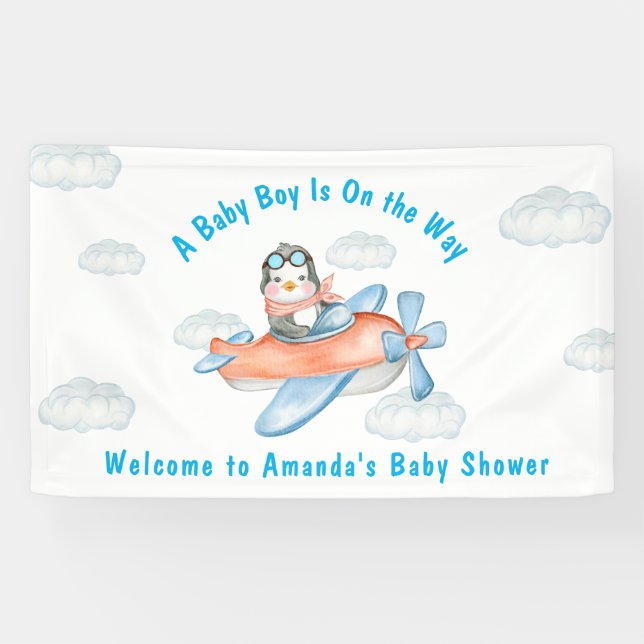 Blue Boy Baby Duschflugzeug Pinguin Banner (Horizontal)