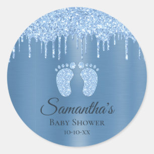 Blue Boy Baby Shower Baby Feet Glitzer Classic Rou Runder Aufkleber