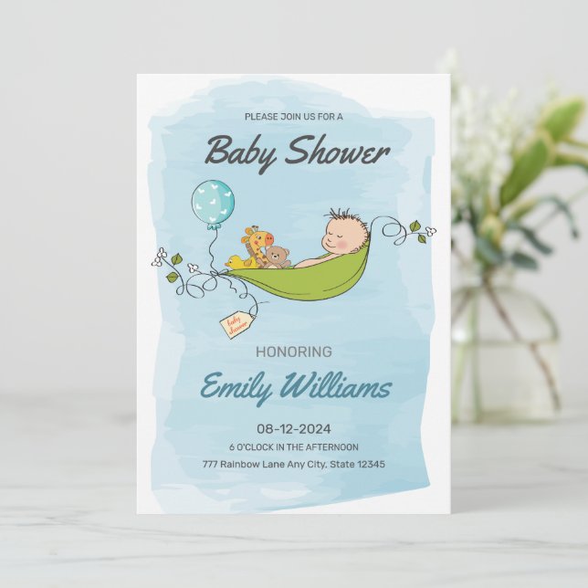 Blue Boy Baby Shower , es ist eine Baby-Dusche Einladung (Stehend Vorderseite)