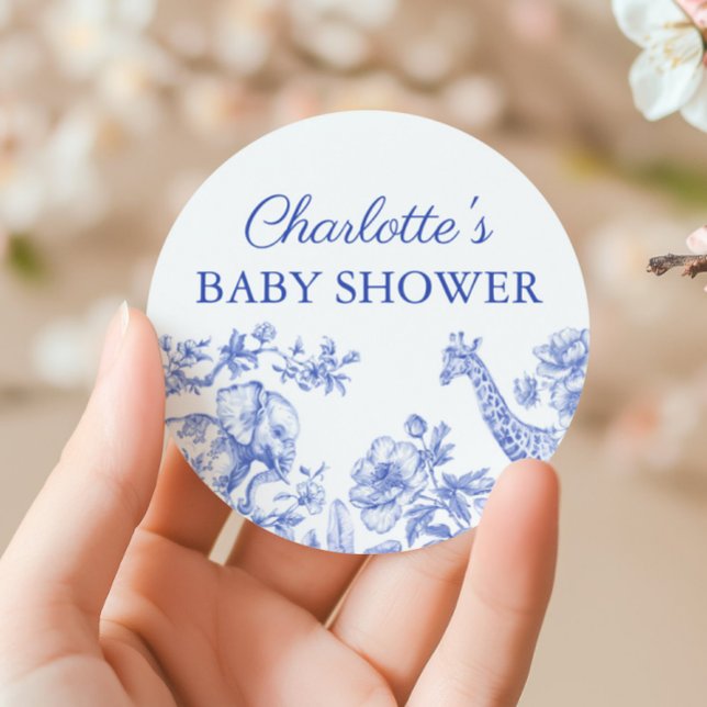 Blue Boy Baby Shower Safari Toile de Jouy Runder Aufkleber (Blue Boy Baby Shower Safari Toile de Jouy Classic Round Sticker)