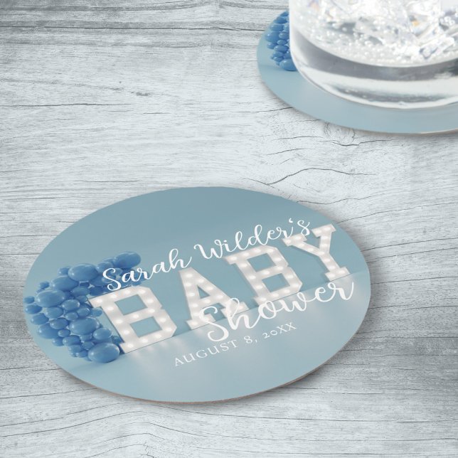Blue Boy Balloon Arch Baby Dusche Party Untersetze Runder Pappuntersetzer (Add your name and baby shower date to these cute coasters)