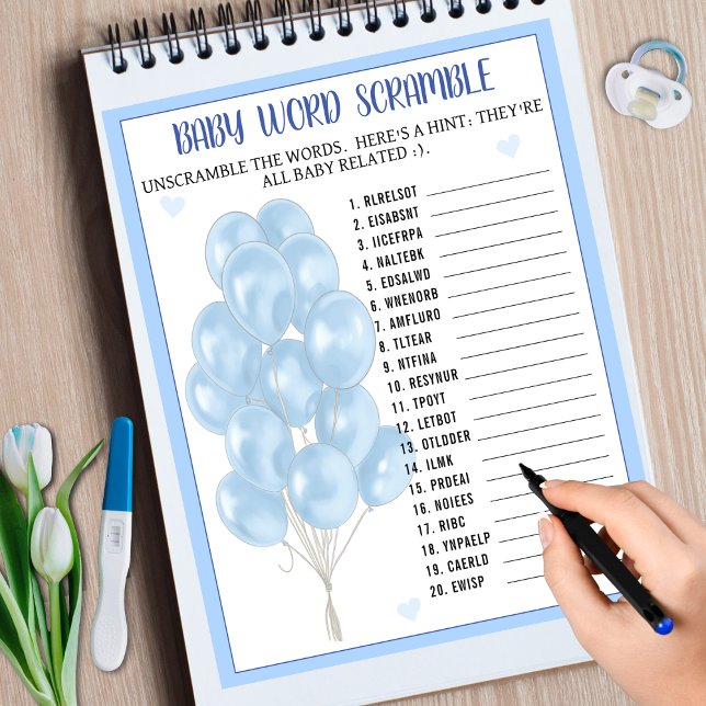 Blue Boy Balloon Word Scramble Baby Showspiel (Blue Boy Balloon Word Scramble Baby Shower Game)