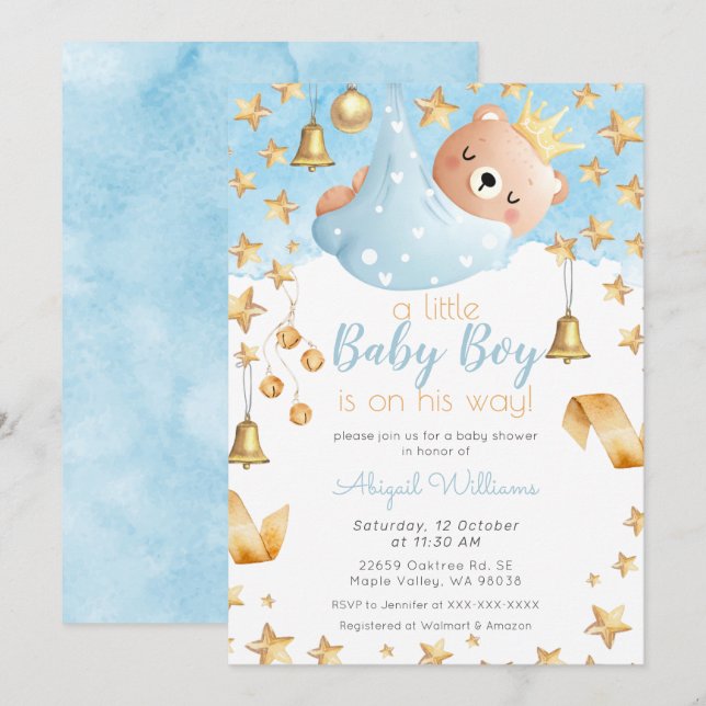 Blue Boy Bear auf dem Weg, Gold Stars Baby Dusche Einladung (Vorne/Hinten)