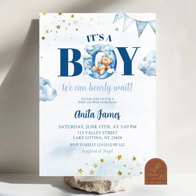Blue Boy Bearly Wait Baby Dusche Einladung (Von Creator hochgeladen)