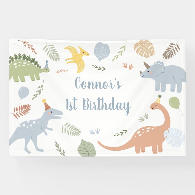 Blue Boy Boho Dinosaur Geburtstag Banner (Horizontal)