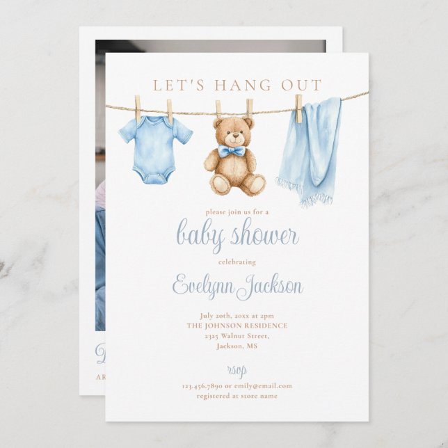 Blue Boy Clothesline Baby Shower Photo QR Code Einladung (Vorne/Hinten)
