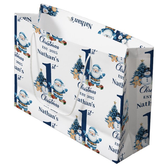 Blue Boy Erste Weihnachten Große Geschenktüte (Vorderseite Schrägansicht)