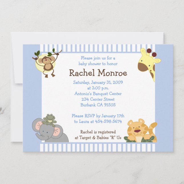 Blue Boy Jungle Safari Freunde 12x18 Baby Dusche Einladung (Vorderseite)