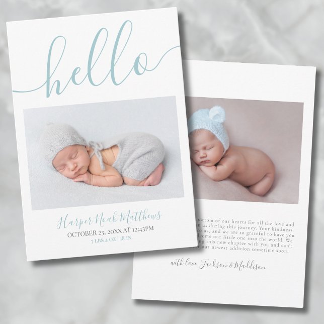 Blue Boy Minimalistisch Foto Baby Announccard Ankündigung (Minimalist Baby Boy Photo Birth Announcement Card)