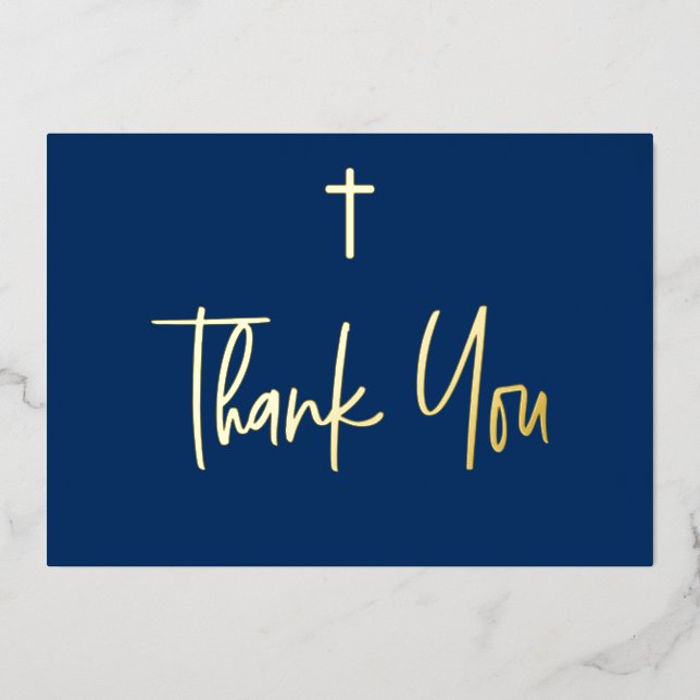 Blue Boy Name Erste Kommune Danke Gold Cross Folieneinladung (Vorderseite)