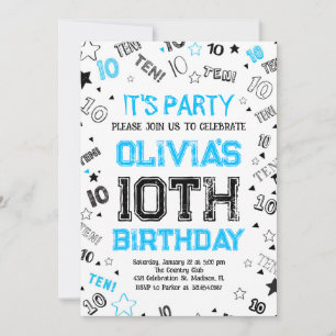 Blue Boy Number Ten Birthday Party Einladung