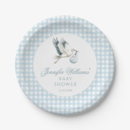 Blue Boy Stork Baby Shower Gingham Paper Teller