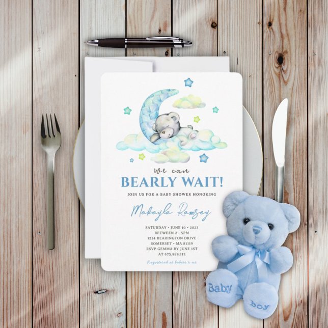 Blue Boy Teddy Bear auf Moon Watercolor Babydusche Einladung (Von Creator hochgeladen)