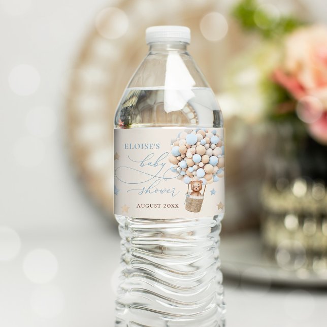 Blue Boy Teddy Bear Balloon Babydusche Wasserflaschenetikett (Von Creator hochgeladen)