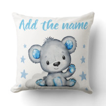Blue Boy Teddy Bear mit Name Stars Throw Kissen