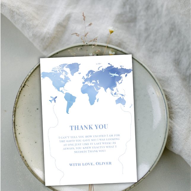 Blue Boy World Map Reiseabenteuerdusche Baby Dankeskarte (Blue Boy World Map Travel Adventure Baby Shower Thank You Card)