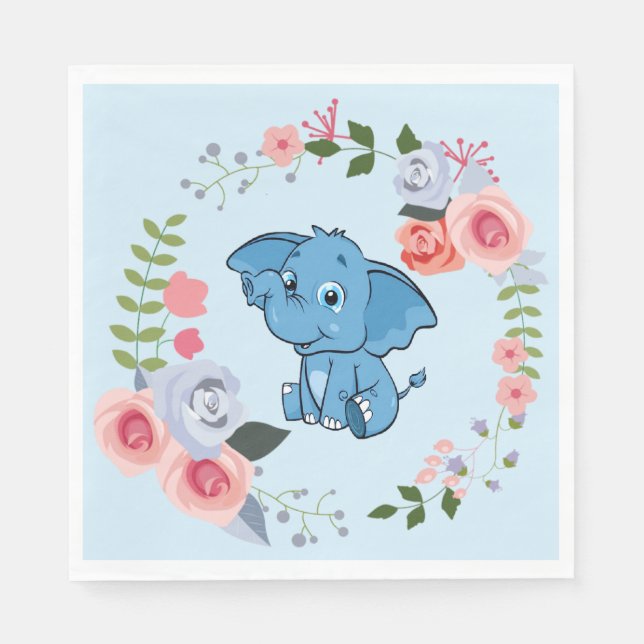 Blue Boy's Elephant Floral Baby Dusche Serviette (Vorderseite)