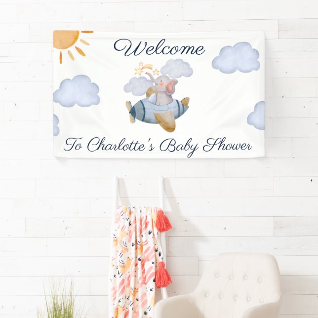 Blue Boy's Elephant Flugzeug Babydusche Banner (Insitu)