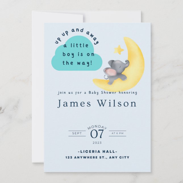 Blue Boy's Elephant Watercolor Babydusche Save The Date (Vorderseite)