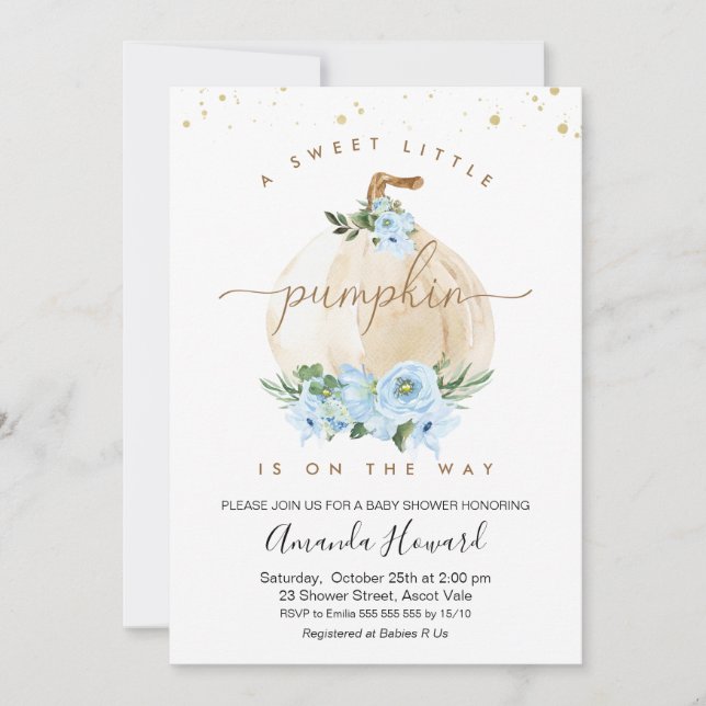 Blue Boys Little Pumpkin Floral Baby Dusche Einladung (Vorderseite)