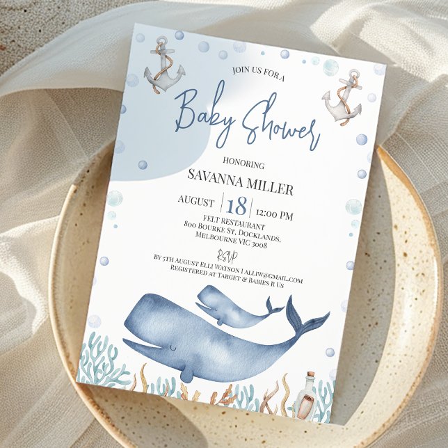 Blue Boys Whale Calf Baby Dusche Einladung (Whale Baby Shower Invitation Boy, Whale Calf Baby Shower Invite, Ocean Under the Sea Baby Shower)