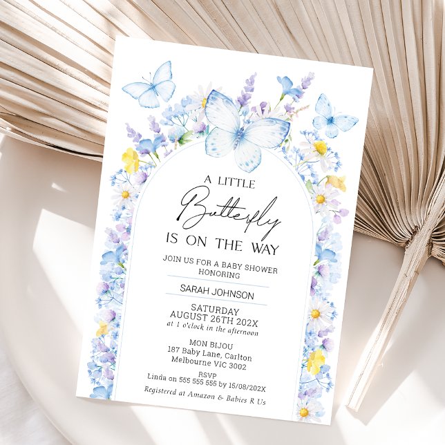 Blue Boys Wildblumen Little Butterfly Baby Dusche Einladung (Modern Boys Baby Blue Little Butterfly Baby Shower Invitation,  Blue Butterflies Baby Shower Invite)