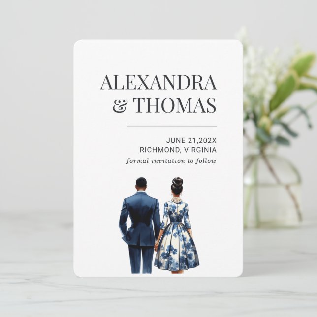 Blue Bridal Couple African American Einladung (Stehend Vorderseite)