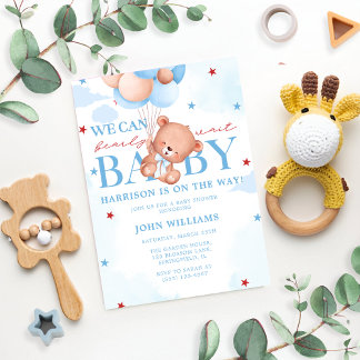 Blue Brown Baby Boy Bearly Wait Baby Dusche Einladung