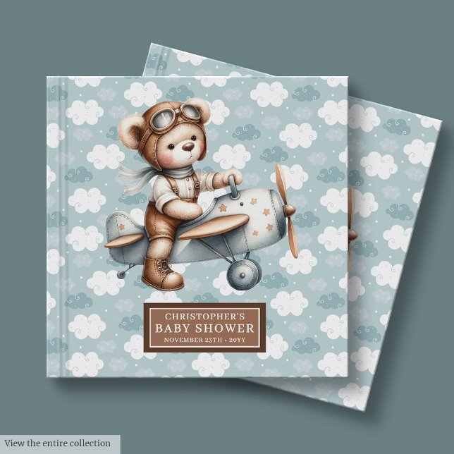 Blue Brown Baby Showroom Gästebuch Teddy Bear Pilo (Blue Brown Baby Shower Guest Book Teddy Bear Pilot)