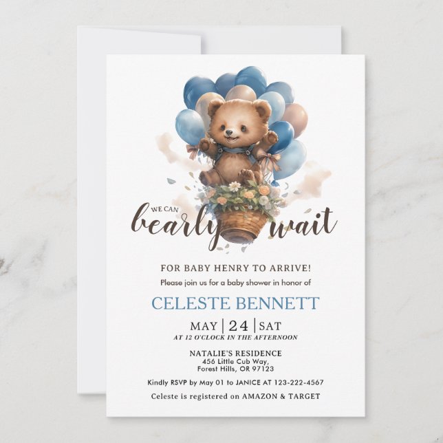 Blue Brown Balloon Bear Baby Shower Invitation Einladung (Vorderseite)