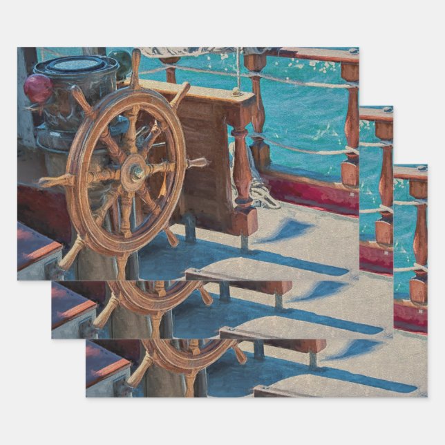 Blue Brown Coastal Ship Geschenkpapier Set (Set)