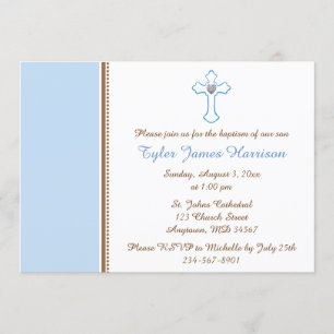 Blue Brown Cross Baby Baptisse / Christening Einladung