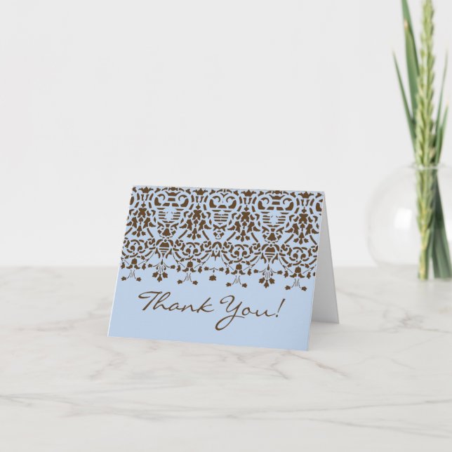 Blue & Brown Damask Danke Note Card (Vorderseite)