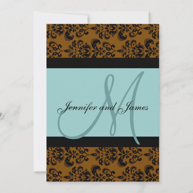Blue Brown Damask Monogram Wedding Einladung (Vorderseite)