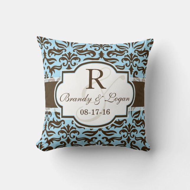 Blue & Brown Damask Wedding Kissen (Vorderseite)
