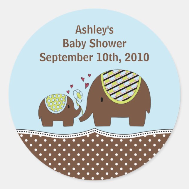 Blue & Brown Elephant Babydusche Aufkleber (Vorderseite)