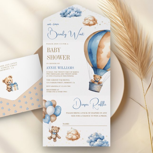 Blue Brown Hot Air Ballon Teddy Bear Baby Dusche All In One Einladung (Von Creator hochgeladen)