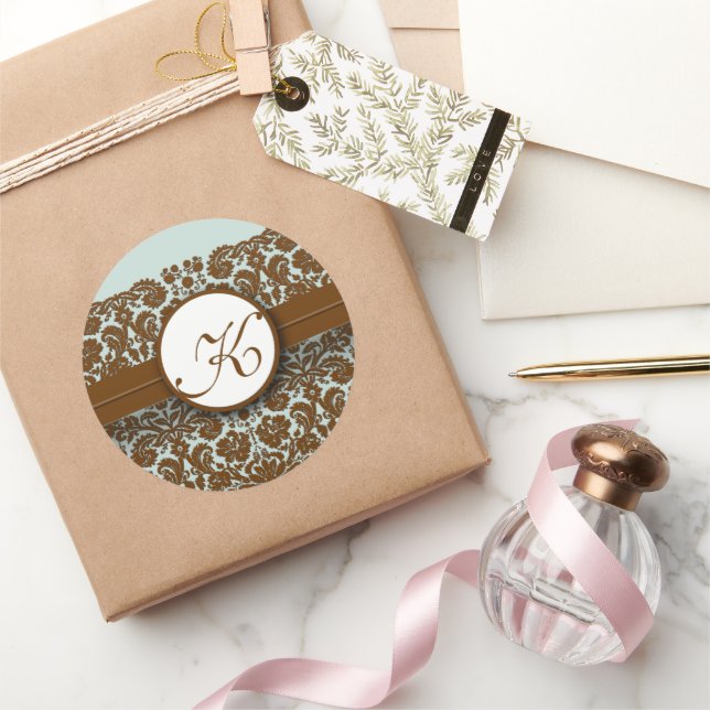 Blue Brown Lace Damask Vintage Blumenhochzeit Runder Aufkleber (Schenken)