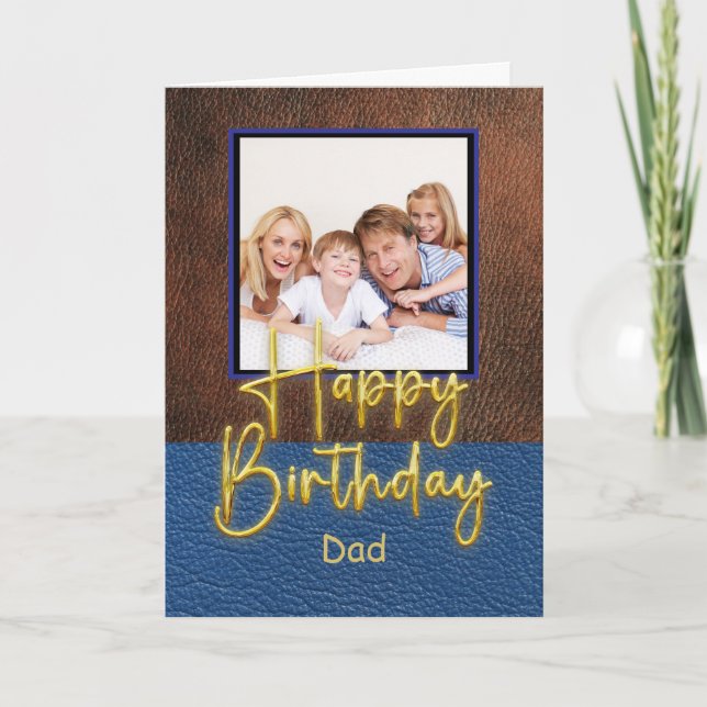 Blue & Brown leather Gold Script Dad Birthday Karte (Vorderseite)