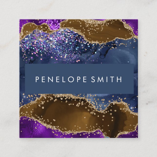 Blue Brown Lila Agate Abstrakt Quadratische Visitenkarte (Vorderseite)