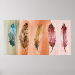 Blue Brown Red Feathers Stretched Canvas Print Poster