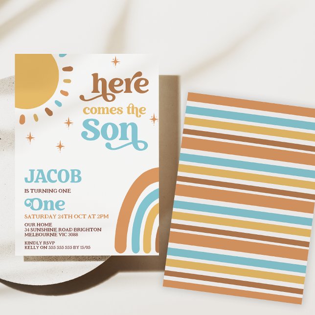 Blue Brown Retro Hier kommt die Sonne 1. Geburtsta Einladung (Here come the sun 1st birthday invitation boy, Retro sun first birthday party invitation, Sunshine)